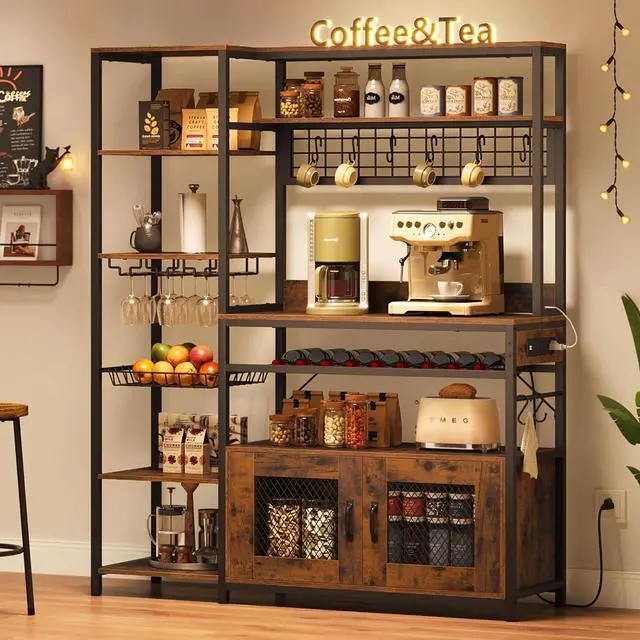 Alt view image 7 of 7 - Bakers Rack with Power Outlet, 47.2in Microwave Stand with Storage Shelves, Coffee Bar with Cabinet, Kitchen Pantry Hutch, Side Hooks, Wine Rack, Goblet Holder, Wire Basket (Brown, Medium)