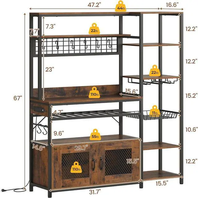 Alt view image 2 of 7 - Bakers Rack with Power Outlet, 47.2in Microwave Stand with Storage Shelves, Coffee Bar with Cabinet, Kitchen Pantry Hutch, Side Hooks, Wine Rack, Goblet Holder, Wire Basket (Brown, Medium)