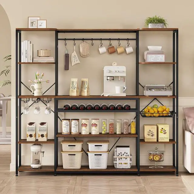 Alt view image 6 of 7 - Large Bakers Rack with Power Outlet, 62.4in Wide Kitchen Microwave Stand with Storage Shelves, 5-Tier Coffee Bar, Wine Rack, Goblet Holder, 8 Hooks, Wire Basket(Rustic Brown, Large)