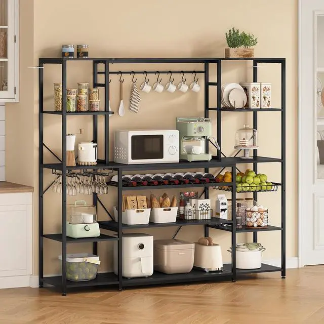 Main image of Large Bakers Rack with Power Outlet, 62.4in Wide Kitchen Microwave Stand with Storage Shelves, 5-Tier Coffee Bar, Wine Rack, Goblet Holder, 8 Hooks, Wire Basket( Black, Large)