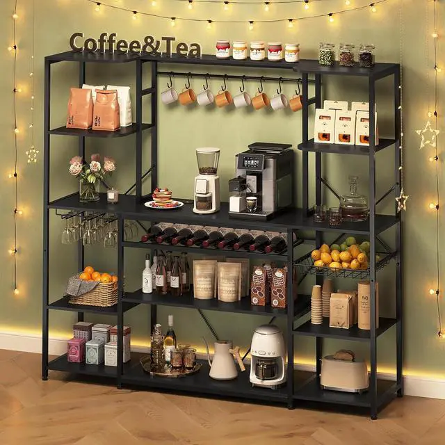 Alt view image 6 of 7 - Large Bakers Rack with Power Outlet, 62.4in Wide Kitchen Microwave Stand with Storage Shelves, 5-Tier Coffee Bar, Wine Rack, Goblet Holder, 8 Hooks, Wire Basket( Black, Large)