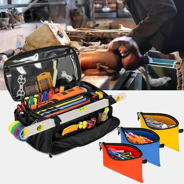 Alt view image 7 of 7 - Tool Bag and 3 Tool Pouches, Tool Storage Organizer for Men with Anti-friction and Thick Padded Bottom, Tactical Bag, Range Bag, Multi-functional Work Bag for Repairman, Electrician, Carpenter