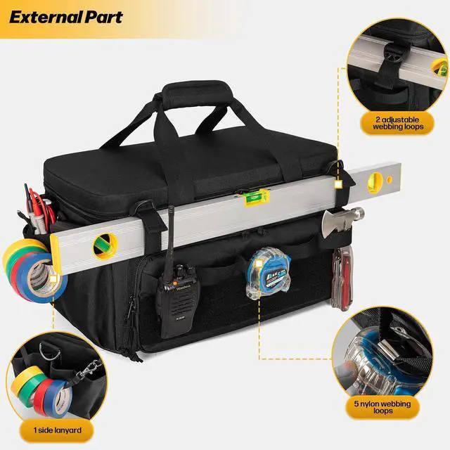 Alt view image 4 of 7 - Tool Bag and 3 Tool Pouches, Tool Storage Organizer for Men with Anti-friction and Thick Padded Bottom, Tactical Bag, Range Bag, Multi-functional Work Bag for Repairman, Electrician, Carpenter