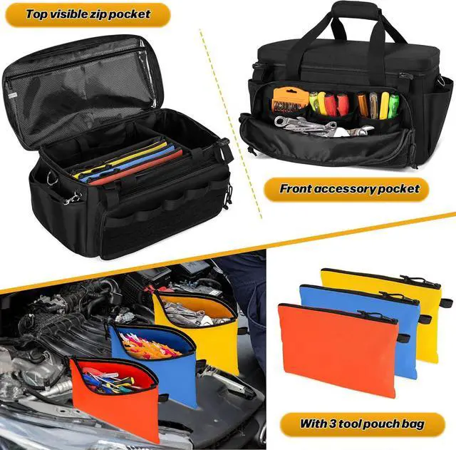 Alt view image 2 of 7 - Tool Bag and 3 Tool Pouches, Tool Storage Organizer for Men with Anti-friction and Thick Padded Bottom, Tactical Bag, Range Bag, Multi-functional Work Bag for Repairman, Electrician, Carpenter
