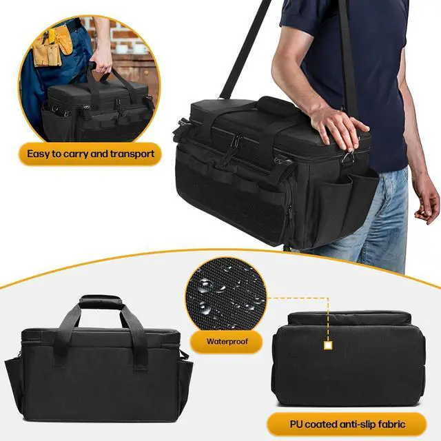Alt view image 5 of 7 - Tool Bag and 3 Tool Pouches, Tool Storage Organizer for Men with Anti-friction and Thick Padded Bottom, Tactical Bag, Range Bag, Multi-functional Work Bag for Repairman, Electrician, Carpenter