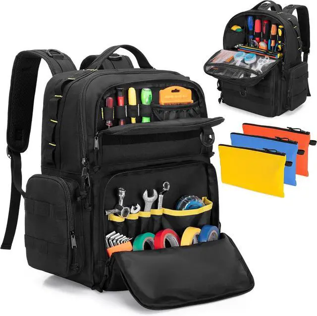 Main image of Tool Bag Backpack for Men with 3 Tool Pouches, Heavy-Duty Tool Storage Organizer Bag with Padded Shoulder & Waist Support, Tactical Work Tool Bag for Electrician, Repairman, HVAC Techs, Black