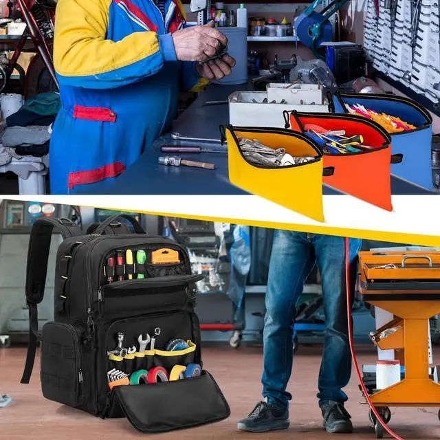 Alt view image 7 of 7 - Tool Bag Backpack for Men with 3 Tool Pouches, Heavy-Duty Tool Storage Organizer Bag with Padded Shoulder & Waist Support, Tactical Work Tool Bag for Electrician, Repairman, HVAC Techs, Black