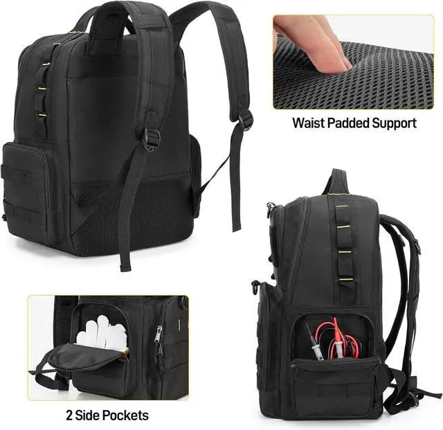 Alt view image 4 of 7 - Tool Bag Backpack for Men with 3 Tool Pouches, Heavy-Duty Tool Storage Organizer Bag with Padded Shoulder & Waist Support, Tactical Work Tool Bag for Electrician, Repairman, HVAC Techs, Black