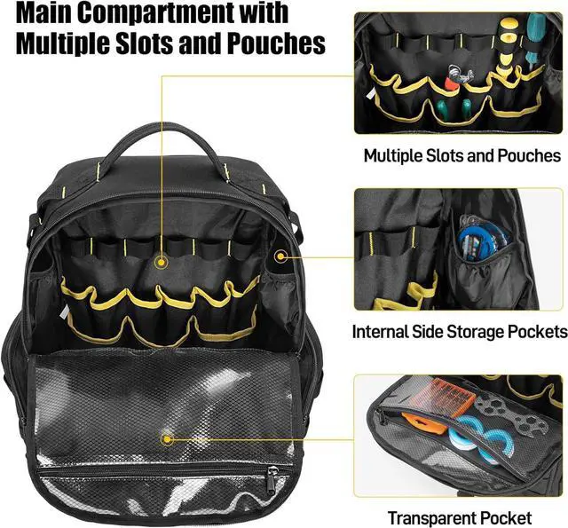 Alt view image 2 of 7 - Tool Bag Backpack for Men with 3 Tool Pouches, Heavy-Duty Tool Storage Organizer Bag with Padded Shoulder & Waist Support, Tactical Work Tool Bag for Electrician, Repairman, HVAC Techs, Black