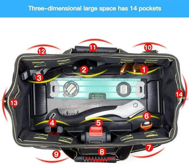 Alt view image 4 of 7 - Tool Bag,18 Inch Waterproof Tool Bag Organizer with ABS Molded Hard Base,Soft Padded Handle and Shoulder Strap,Oxford Cloth,Tool Bags for Men & Women