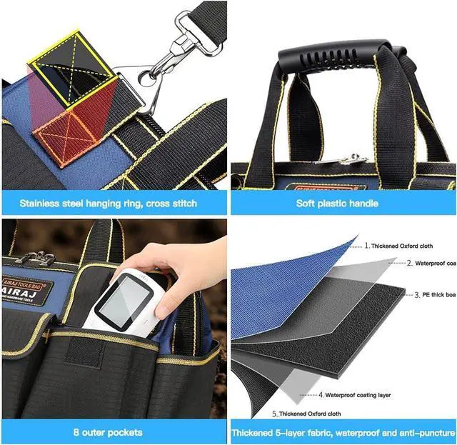 Alt view image 3 of 7 - Tool Bag,18 Inch Waterproof Tool Bag Organizer with ABS Molded Hard Base,Soft Padded Handle and Shoulder Strap,Oxford Cloth,Tool Bags for Men & Women