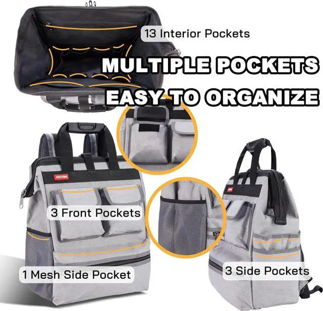 Alt view image 4 of 7 - Backpack Tool Bag with Padded Back Support Heavy Duty Tool Kit Carrier Storage Bags for Electrician, Plumber, HVAC, Cable Repairman