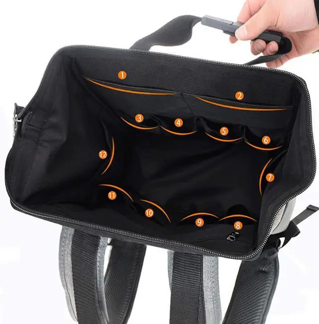 Alt view image 7 of 7 - Backpack Tool Bag with Padded Back Support Heavy Duty Tool Kit Carrier Storage Bags for Electrician, Plumber, HVAC, Cable Repairman