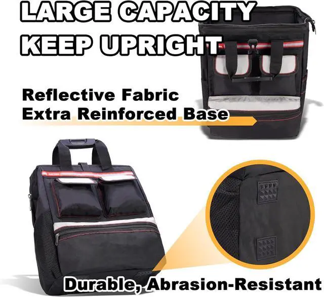 Alt view image 2 of 7 - Backpack Tool Bag with Padded Back Support Heavy Duty Tool Kit Carrier Storage Bags for Electrician, Plumber, HVAC, Cable Repairman Black