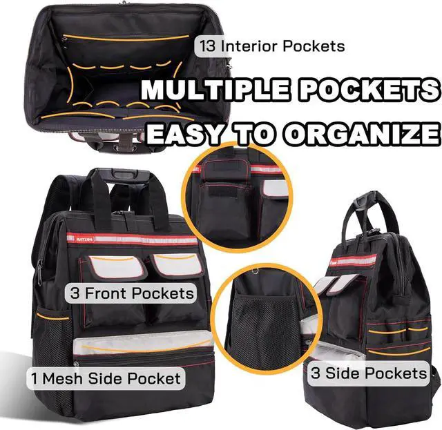 Alt view image 3 of 7 - Backpack Tool Bag with Padded Back Support Heavy Duty Tool Kit Carrier Storage Bags for Electrician, Plumber, HVAC, Cable Repairman Black