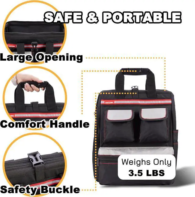 Alt view image 4 of 7 - Backpack Tool Bag with Padded Back Support Heavy Duty Tool Kit Carrier Storage Bags for Electrician, Plumber, HVAC, Cable Repairman Black
