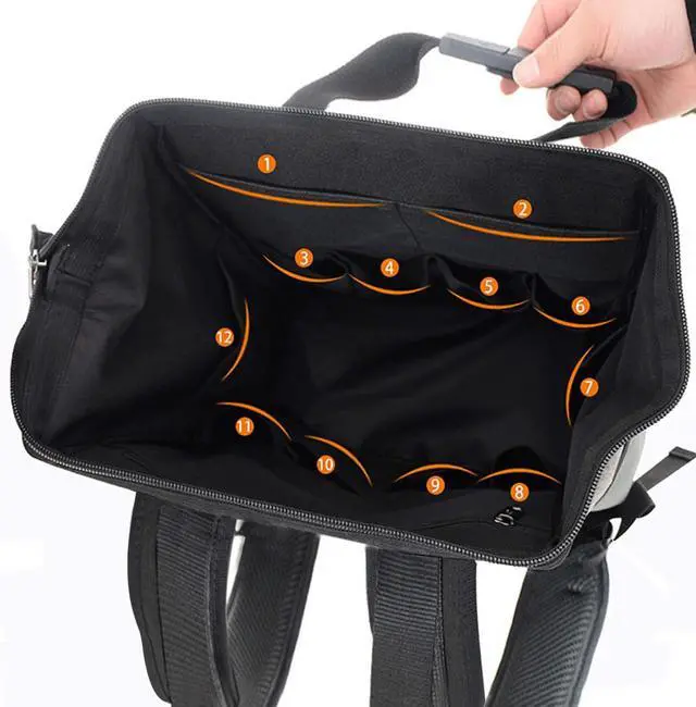 Alt view image 7 of 7 - Backpack Tool Bag with Padded Back Support Heavy Duty Tool Kit Carrier Storage Bags for Electrician, Plumber, HVAC, Cable Repairman Black