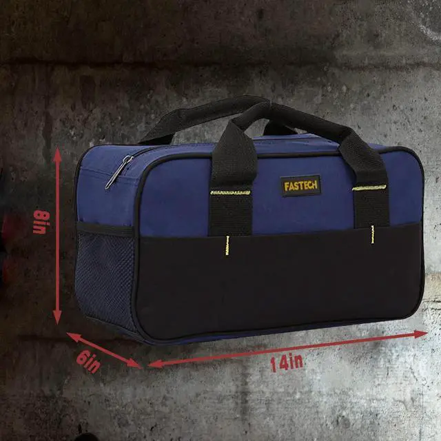 Alt view image 2 of 7 - 14 Inch Small Tool Bag,Wide Mouth Tool Tote Bag,Waterproof Tool Organizer Bag,Electricians Repairman Tools Tote Bag Double Fabric Storage Bag (Blue)