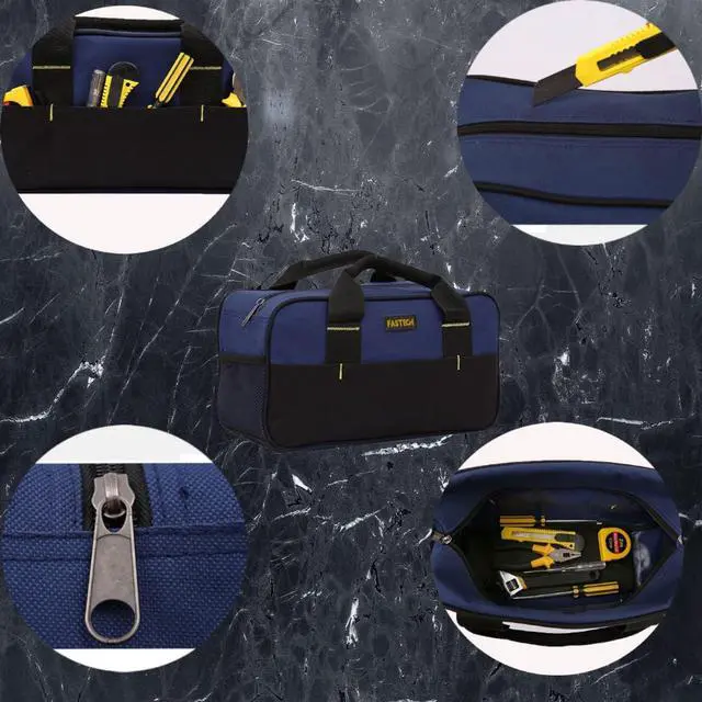Alt view image 3 of 7 - 14 Inch Small Tool Bag,Wide Mouth Tool Tote Bag,Waterproof Tool Organizer Bag,Electricians Repairman Tools Tote Bag Double Fabric Storage Bag (Blue)