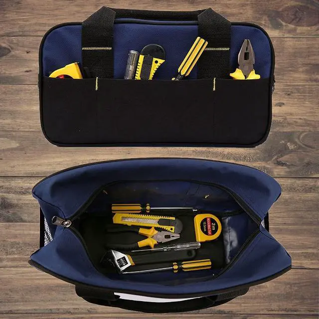 Alt view image 5 of 7 - 14 Inch Small Tool Bag,Wide Mouth Tool Tote Bag,Waterproof Tool Organizer Bag,Electricians Repairman Tools Tote Bag Double Fabric Storage Bag (Blue)
