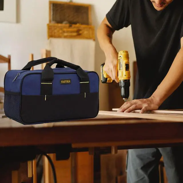 Alt view image 6 of 7 - 14 Inch Small Tool Bag,Wide Mouth Tool Tote Bag,Waterproof Tool Organizer Bag,Electricians Repairman Tools Tote Bag Double Fabric Storage Bag (Blue)
