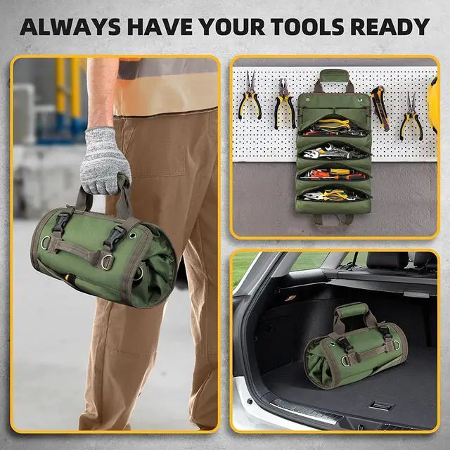 Alt view image 2 of 7 - Tool Bag Roll Up, Heavy Duty Rolled Empty Tool Storage Organization, Portable Foldable Rollup Organizer with 2 Small Pouches, Rollable Carrying Toolbag, Dad Men Mechanic Birthday Gifts, Army Green