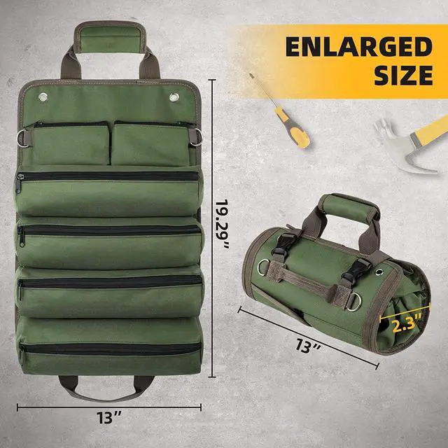Alt view image 5 of 7 - Tool Bag Roll Up, Heavy Duty Rolled Empty Tool Storage Organization, Portable Foldable Rollup Organizer with 2 Small Pouches, Rollable Carrying Toolbag, Dad Men Mechanic Birthday Gifts, Army Green