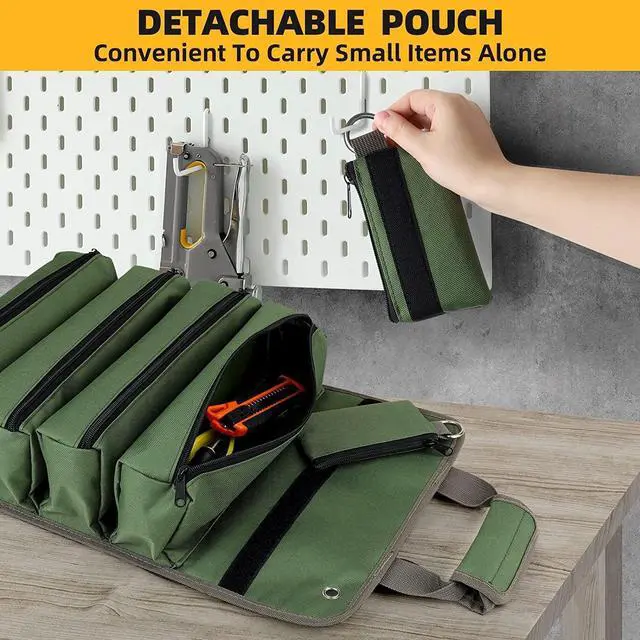 Alt view image 4 of 7 - Tool Bag Roll Up, Heavy Duty Rolled Empty Tool Storage Organization, Portable Foldable Rollup Organizer with 2 Small Pouches, Rollable Carrying Toolbag, Dad Men Mechanic Birthday Gifts, Army Green