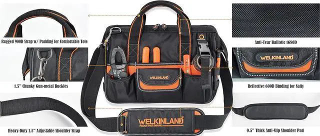 Alt view image 7 of 7 - 13-Inch Small Tool Carrier, Electrician's Organizer, HVAC Tech's Bag, Men's Drill Bag