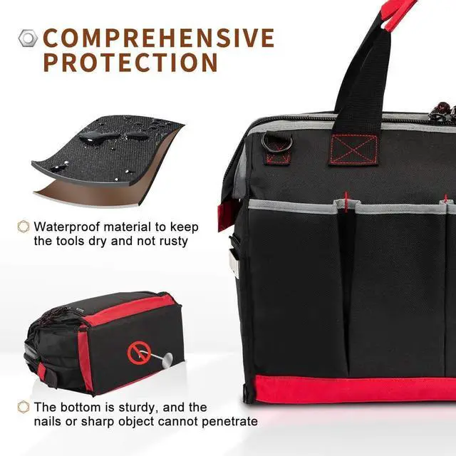 Alt view image 5 of 7 - Waterproof Tool Bags for Men or Women, 16-inch Wide Mouth Tool Tote Bag with 25 Pockets for Tool Organizer & Storage, with Adjustable Shoulder Strap (16IN, Black/Red)