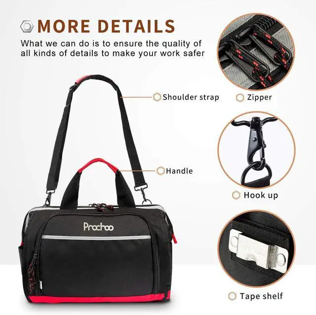Alt view image 4 of 7 - Waterproof Tool Bags for Men or Women, 16-inch Wide Mouth Tool Tote Bag with 25 Pockets for Tool Organizer & Storage, with Adjustable Shoulder Strap (16IN, Black/Red)