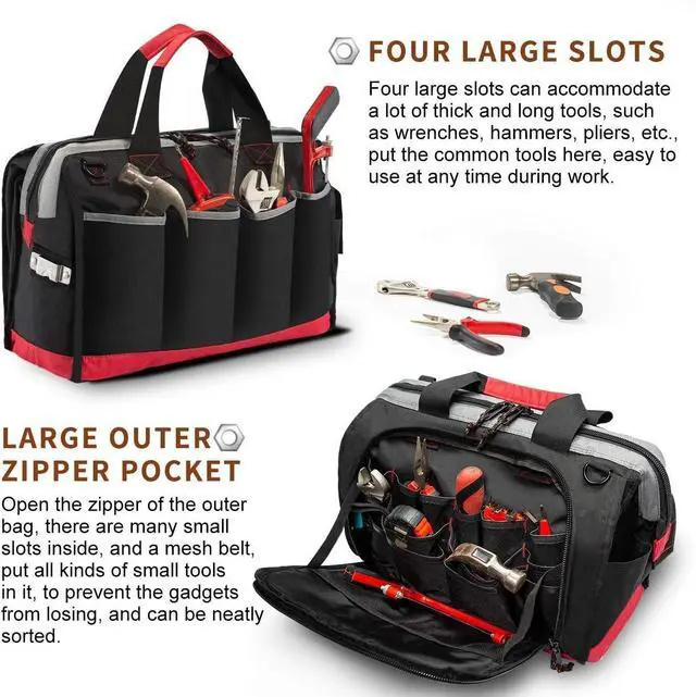 Alt view image 2 of 7 - Waterproof Tool Bags for Men or Women, 16-inch Wide Mouth Tool Tote Bag with 25 Pockets for Tool Organizer & Storage, with Adjustable Shoulder Strap (16IN, Black/Red)