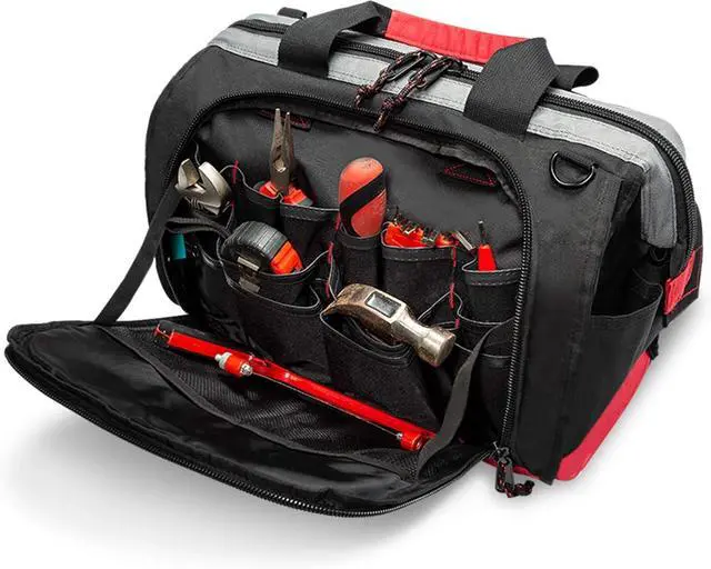 Main image of Waterproof Tool Bags for Men or Women, 16-inch Wide Mouth Tool Tote Bag with 25 Pockets for Tool Organizer & Storage, with Adjustable Shoulder Strap (16IN, Black/Red)