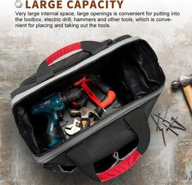 Alt view image 3 of 7 - Waterproof Tool Bags for Men or Women, 16-inch Wide Mouth Tool Tote Bag with 25 Pockets for Tool Organizer & Storage, with Adjustable Shoulder Strap (16IN, Black/Red)