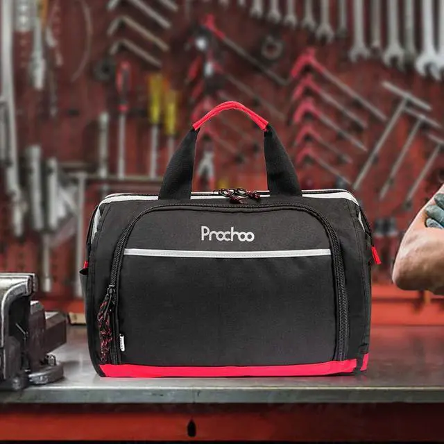 Alt view image 7 of 7 - Waterproof Tool Bags for Men or Women, 16-inch Wide Mouth Tool Tote Bag with 25 Pockets for Tool Organizer & Storage, with Adjustable Shoulder Strap (16IN, Black/Red)