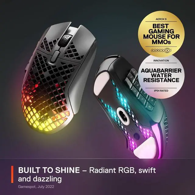 Alt view image 2 of 6 - SteelSeries Aerox 9 Wireless - Holey RGB Gaming Mouse - Ultra-lightweight Water Resistant Design - 18 Buttons  Bluetooth/2.4 GHz - 18K DPI TrueMove Air Optical Sensor