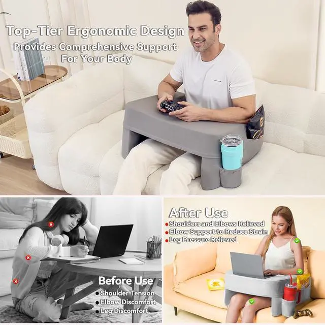Alt view image 3 of 7 - Reading Pillow for Gaming,Soft Lap Desk Pillow for Laptop,Ultimate Lap Pillow with Cup Holder Pocket,Comfort Laptop Lap Desk for Bed Couch Car (Gray, Large)