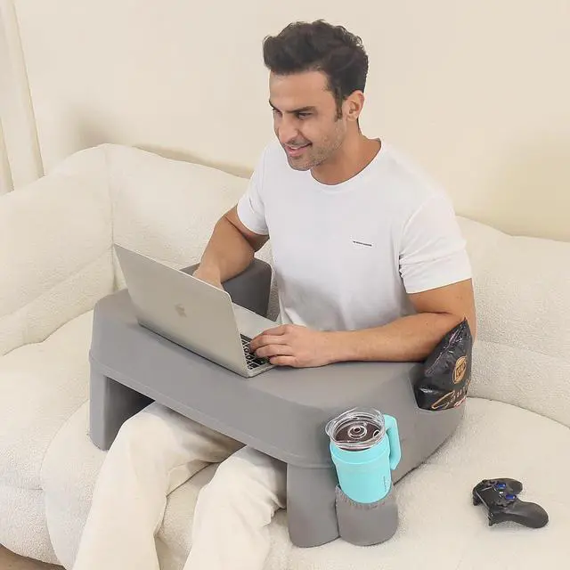 Alt view image 5 of 7 - Reading Pillow for Gaming,Soft Lap Desk Pillow for Laptop,Ultimate Lap Pillow with Cup Holder Pocket,Comfort Laptop Lap Desk for Bed Couch Car (Gray, Large)