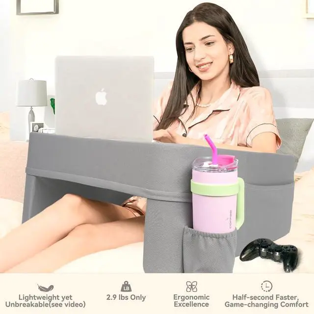 Alt view image 7 of 7 - Reading Pillow for Gaming,Soft Lap Desk Pillow for Laptop,Ultimate Lap Pillow with Cup Holder Pocket,Comfort Laptop Lap Desk for Bed Couch Car (Gray, Large)