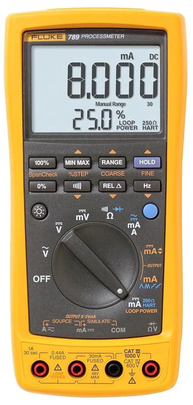 Main image of Fluke 789 ProcessMeter, Includes Standard DMM Capabilities, Measure, Source, Simulate 4-20 mA signals, and Built-In 24 V Loop Supply