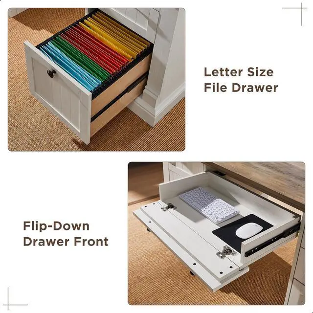 Alt view image 4 of 5 - 60" Executive Desk with Drawers, Farmhouse Home Office Desk with Charging Station, Keyboard Tray, File Cabinet Storage, Wood Computer Desk for Work and Study, Antique White