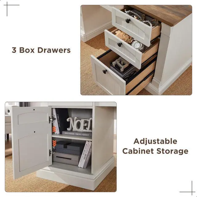 Alt view image 5 of 5 - 60" Executive Desk with Drawers, Farmhouse Home Office Desk with Charging Station, Keyboard Tray, File Cabinet Storage, Wood Computer Desk for Work and Study, Antique White