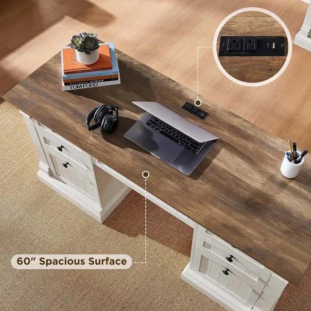 Alt view image 3 of 5 - 60" Executive Desk with Drawers, Farmhouse Home Office Desk with Charging Station, Keyboard Tray, File Cabinet Storage, Wood Computer Desk for Work and Study, Antique White