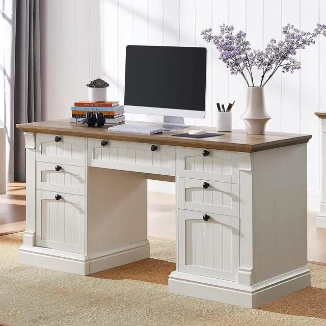 Main image of 60" Executive Desk with Drawers, Farmhouse Home Office Desk with Charging Station, Keyboard Tray, File Cabinet Storage, Wood Computer Desk for Work and Study, Antique White