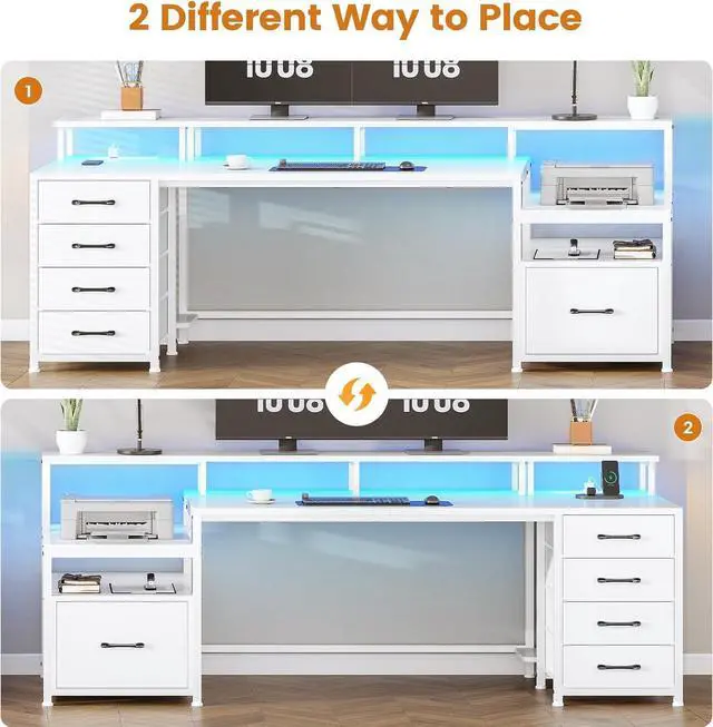 Alt view image 4 of 7 - 75'' Home Office Desk with File Drawer & Power Outlet, 75'' Large Computer Desk with 5 Drawer, Storage Shelves, Monitor Shelf and Led Lights Desktop Gaming Desk, White