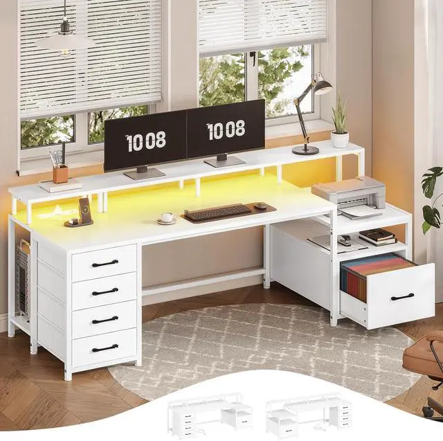 Main image of 75'' Home Office Desk with File Drawer & Power Outlet, 75'' Large Computer Desk with 5 Drawer, Storage Shelves, Monitor Shelf and Led Lights Desktop Gaming Desk, White