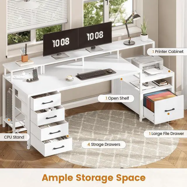 Alt view image 7 of 7 - 75'' Home Office Desk with File Drawer & Power Outlet, 75'' Large Computer Desk with 5 Drawer, Storage Shelves, Monitor Shelf and Led Lights Desktop Gaming Desk, White