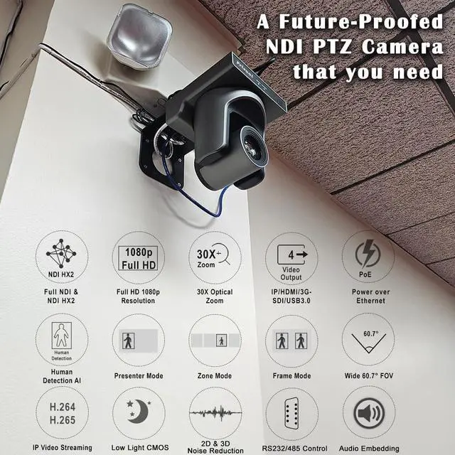 Alt view image 4 of 7 - NDI HX3 PTZ Camera 30x Full HD Live Streaming Auto Tracking Camera with HDMI/3G-SDI/USB and NDI HX3 60P Outputs (Full NDI & NDI HX3 Optional)