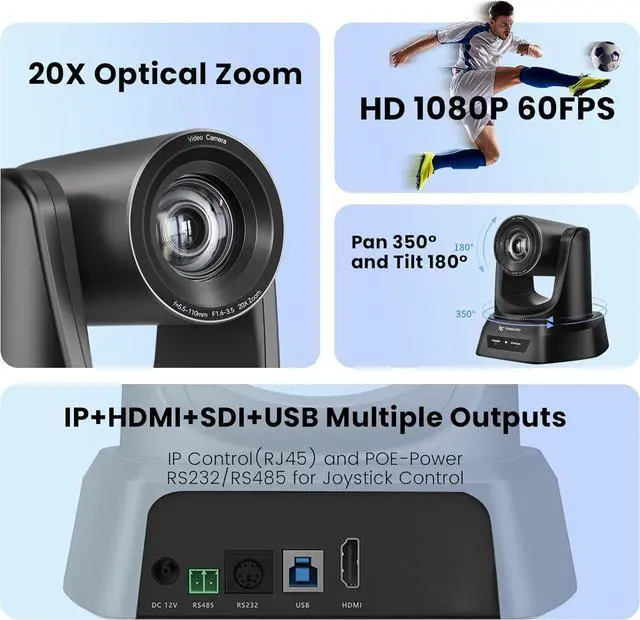 Alt view image 2 of 7 - 20X Optical Zoom PTZ Camera HDMI IP Live Streaming SDI USB3.0 1080P 60fps PoE Supports for Church Services Worship Education Video Conference with OBS vMix Wirecast Zoom Skype and More