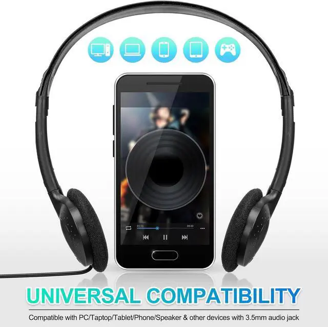 Alt view image 4 of 6 - 48 Pack Classroom Headphones on Ear Wired Stereo Headset with 3.5mm Jack, Over The Head Student Earphone Set for Kids Adults School Library Airplane Computer Laptop, No Microphone (Black)